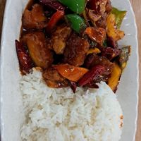 Dried Chilli Vegetarian Meat with rice at Vegetarian 素 - Peninsula Plaza in Central Singapore