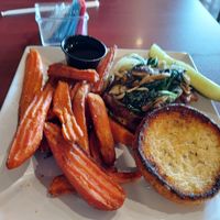 Black bean burger topped with spinach/mushrooms/onions with sweet potato fries at Trail Break in Schroon Lake