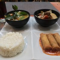 Vegan Tapas (coconut curry, stir fry, rice, spring rolls)  at Giggling Squid in Cambridge