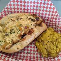Cheese steak with Mac and cheese at Banu Vegan in Durham