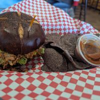 Jackfruit BBQ with chips at Banu Vegan in Durham