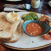 Vegan breakfast - I subbed vegan sausages for avocado and had the hash browns as extra at Copper Cogs in Long Eaton