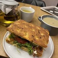 Aloe Vera Tea (12 zl), Daily soup (12 zl), Focaccia (17 zl)  at Turlaj Klopsa - Karmelicka in Krakow