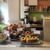 Vegan Pain au Chocolate & Croissants nestling at the back  at Atlas Grinds in North London
