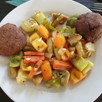 Veggi plate with falafal at Le Nomade in Ouagadougou