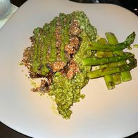 Maitake Chimichurri over millet with grilled asparagus (my FAVORITE thing on their menu!!😻)  at Mantra Kitchen in Houston