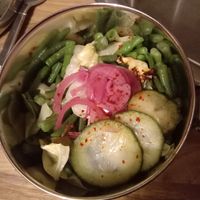 From the roti menu: 'stir-fried long beans and pointed cabbage with onion and sweet and sour cucumbers' at Dabba Dinner in Nijmegen