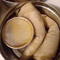 From the roti menu: 'fresh roti plate and spicy madamme-jeanette picalilli' at Dabba Dinner in Nijmegen