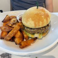 Burger with beer cheese and house fries   at Coco Bistro & Bar in Chapel Hill
