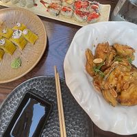 vegan roll on the left and the aubergine fritter on the right  at AKI in Valletta