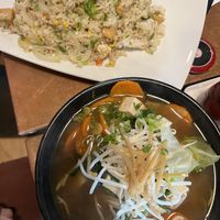 Tofu fried rice up top, veggie/tofu ramen below  at Shibu Ramen in Kent