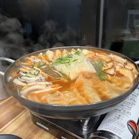 Tofu stew and soybean water (very thick - not like soy milk)   at Duri Doomby - 두리둠비 in Jeju