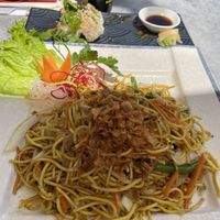Fried noodles with ‘chicken’ and vegetables and ‘chicken’ sushi  at My Hao in Nuremberg