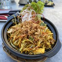 Fried noodles with tofu, cashews, ‘chicken’, vegetables, coconut, curry  at My Hao in Nuremberg