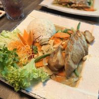 Crispy vegan duck with rice and vegetables. Peanut sauce    at My Hao in Nuremberg