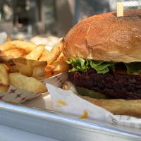Beet burger and friess  at RawASF in Fremont
