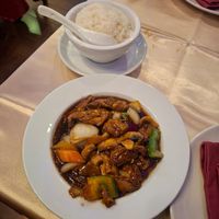 Vegetable duck (soy) with extra rice at Enjoy Asian Restaurant in Lanzarote