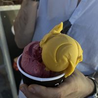 Red berry and mango gelato vegan   at DaVinci Gelato in Mykonos
