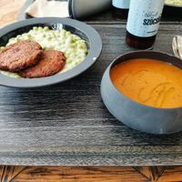 Red lentil soup and green peas stew with red lentil loaf at The Planteen in Budapest