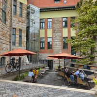 Outside seating at The Planteen in Budapest