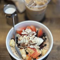Loaded oatmeal and a latte with oat milk   at Deep Creek Coffee Company in Springdale