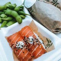 Faux salmon nigiri (so nice!)   at Little Bento Box in Worcester