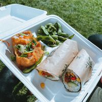 Teriyaki tater sushi roll bento box with edamame and inari pocket  at Little Bento Box in Worcester