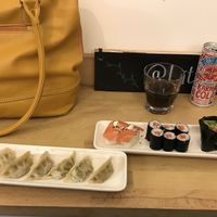 Saturday Special of 2x sesame tuno nigiri, 2x spicy tuno gunkan, and 6x zalmon maki, with a portion of gyoza    at Little Bento Box in Worcester