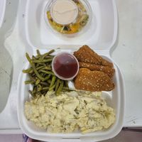 Dinner or lunch (battered tofu potatoes salad and string beans with a small salad at Tasty Vegan - Tivoni Taim - טבעוני טעים in Dimona