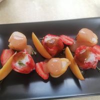 Peach and strawberry dessert at Les Bacchanales in Nancy