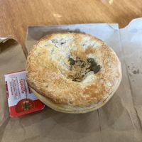 Pumpkin curry pie with free sauce   at Beechworth Bakery in Ballarat