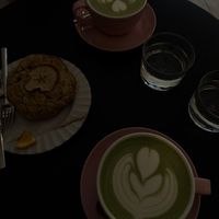 Matcha latte and vegan apple scone   at Sakura in Berlin