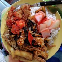 Sweet and sour chicken, Szechuan chicken, rice and noodles (May 2022) at Wawin Vegan Chinese in York