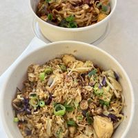 Veg fried rice with tofu (Front) and stir fried veg noodles with tofu (Back)   at Ayers Wok in Yulara