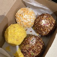Cheese ball flight! I believe from the top going clockwise it was fiesta dip, jalapeño bacon, bourbon cranberry, and sun-dried tomato.  at The Mindful Table in Perrysburg