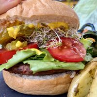lentil burger - wonderful   at Los Muchitos Comida Vegana in Oaxaca