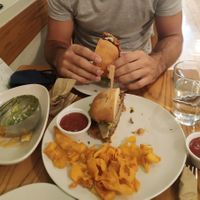 Teriyaki burger (and tortilla chips on the side) at Avocado in Athens