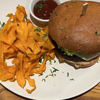 Teriyaki burger with sweet potato chips   at Avocado in Athens