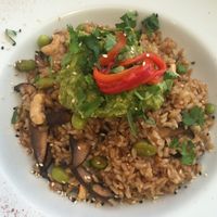 Rice mushrooms and guacamole topping at Avocado in Athens