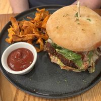 Avocado Burger & sweet potato chips. As huge as it looks    at Avocado in Athens
