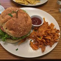 Vegan burger with sweet potatos chips at Avocado in Athens