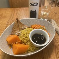 Macro bowl and Chloe cat beer  at Avocado in Athens