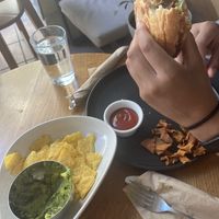 Tempeh protein burger & nachos with guac   at Avocado in Athens
