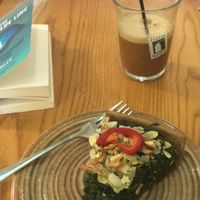 Spinach tart and Freddo Cappuccino with almond milk  at Avocado in Athens