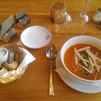 Starters: Cold tomato soup (vegan) and bread with vegan butter at STF Kvikkjokk Fjällstation in Kvikkjokk