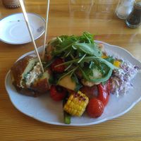 Grilled veggies with a roasted potatoes and salad with vegan yogurt dressing at STF Kvikkjokk Fjällstation in Kvikkjokk