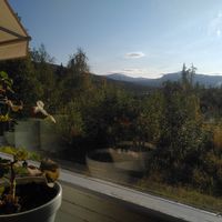 View from the dinner table at STF Kvikkjokk Fjällstation in Kvikkjokk