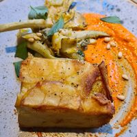 Roman artichoke caponata, potato pava, red pepper pine nut cream at Mallow - Borough Market in South East London