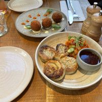 V’duja croquettes with saffron aioli and pepper ketchup on the left. Dumplings with kimchi and gochujang dip on the right.  at Mallow - Borough Market in South East London