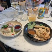 Asparagus,  broccoli summer rolls, raspberry nuoc Cham. Also tempura fungi, shiso, szechuan passion dip.  at Mallow - Borough Market in South East London